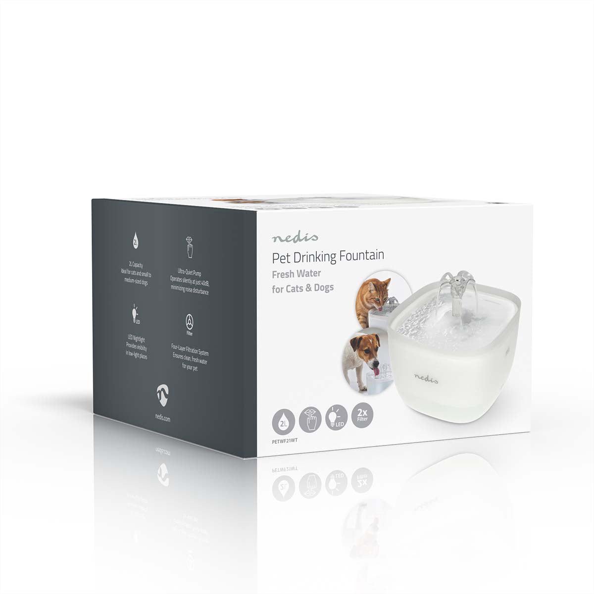 Nedis Haustier-Trinkbrunnen – 2 l, weiss, Polymer, Beleuchtung, USB-Betrieb, Anti-Rutsch-Boden