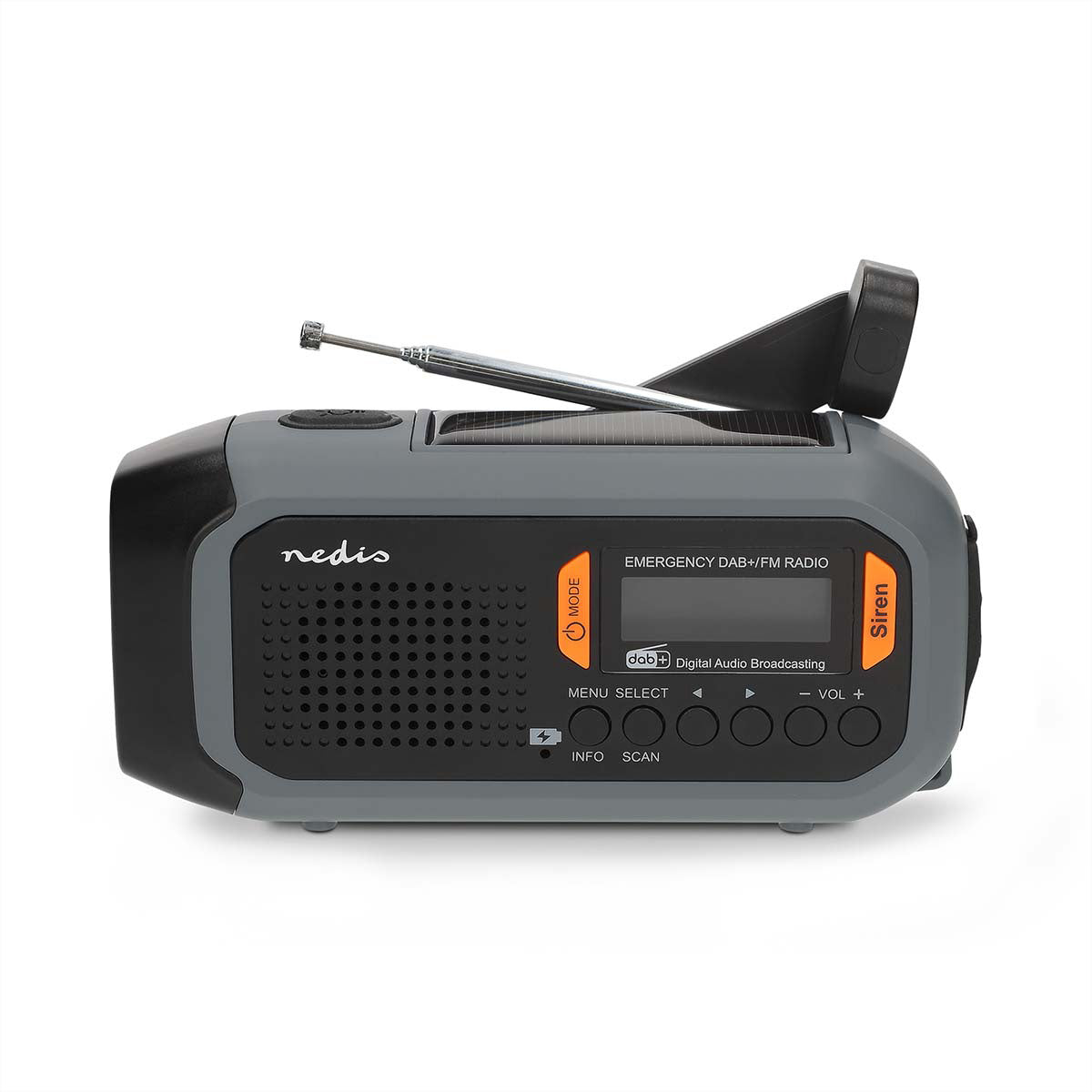 Nedis Tragbares DAB+ Radio, UKW, 2'500 mAh Akku, Handkurbel, Solarpanel, Powerbank – Schwarz/Grau