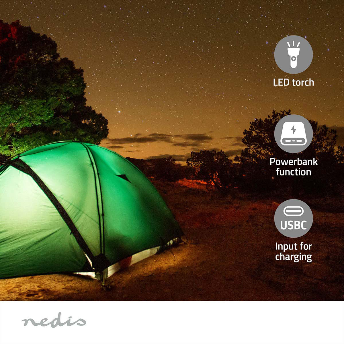 Nedis Tragbares DAB+ Radio, UKW, 2'500 mAh Akku, Handkurbel, Solarpanel, Powerbank – Schwarz/Grau