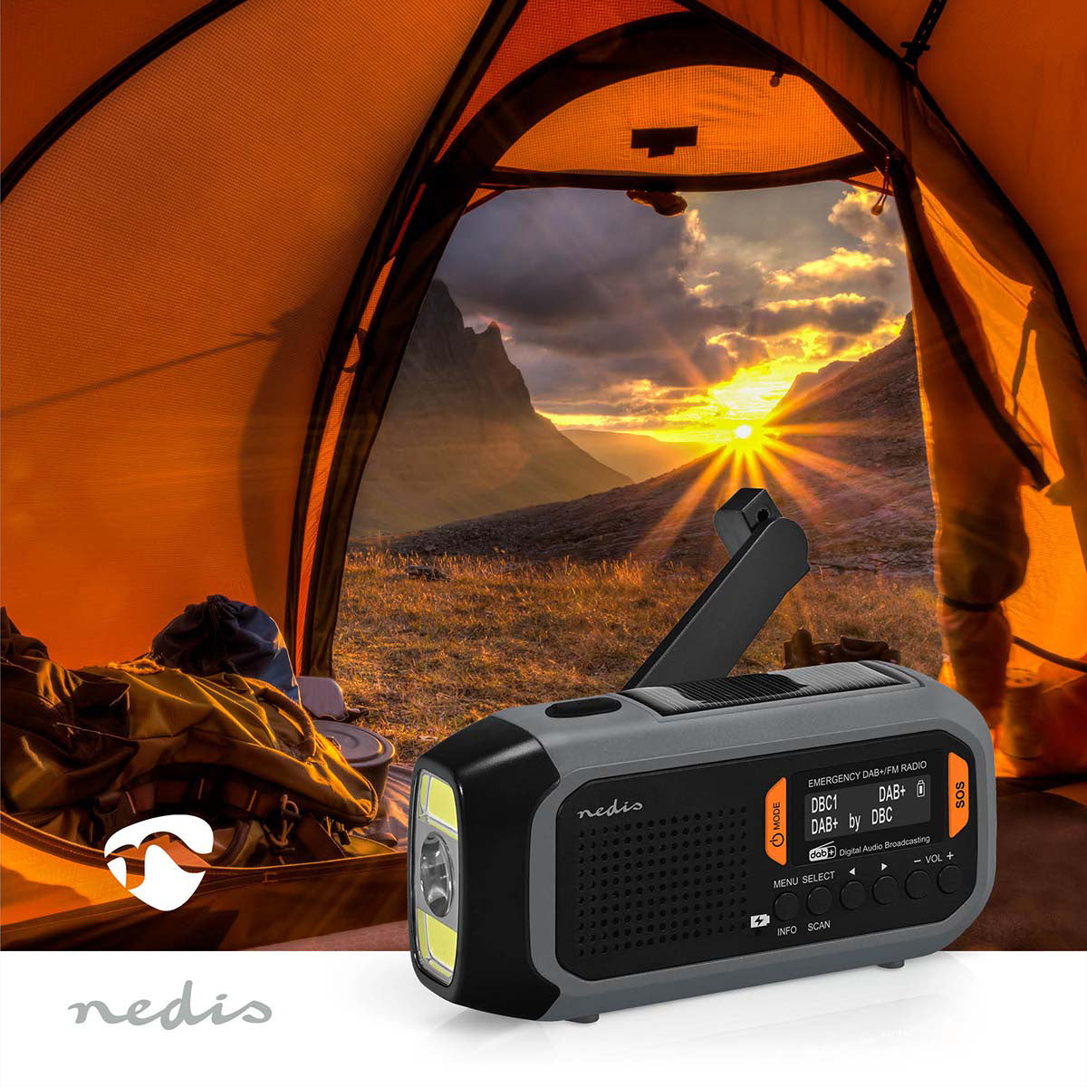 Nedis Tragbares DAB+ Radio, UKW, 2'500 mAh Akku, Handkurbel, Solarpanel, Powerbank – Schwarz/Grau