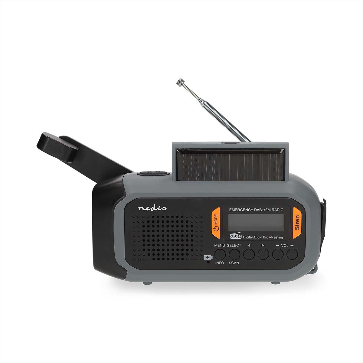 Nedis Tragbares DAB+ Radio, UKW, 2'500 mAh Akku, Handkurbel, Solarpanel, Powerbank – Schwarz/Grau