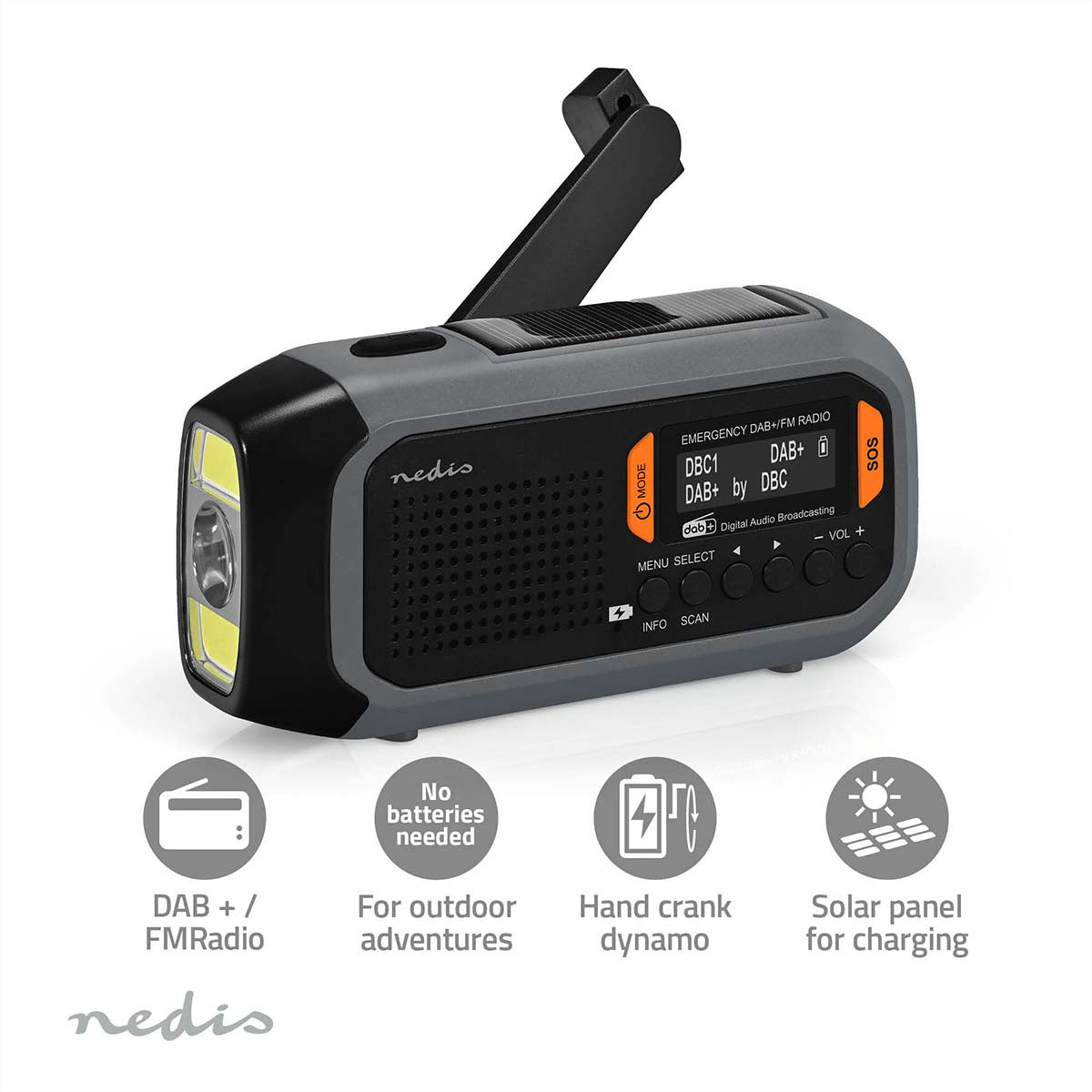 Nedis Tragbares DAB+ Radio, UKW, 2'500 mAh Akku, Handkurbel, Solarpanel, Powerbank – Schwarz/Grau