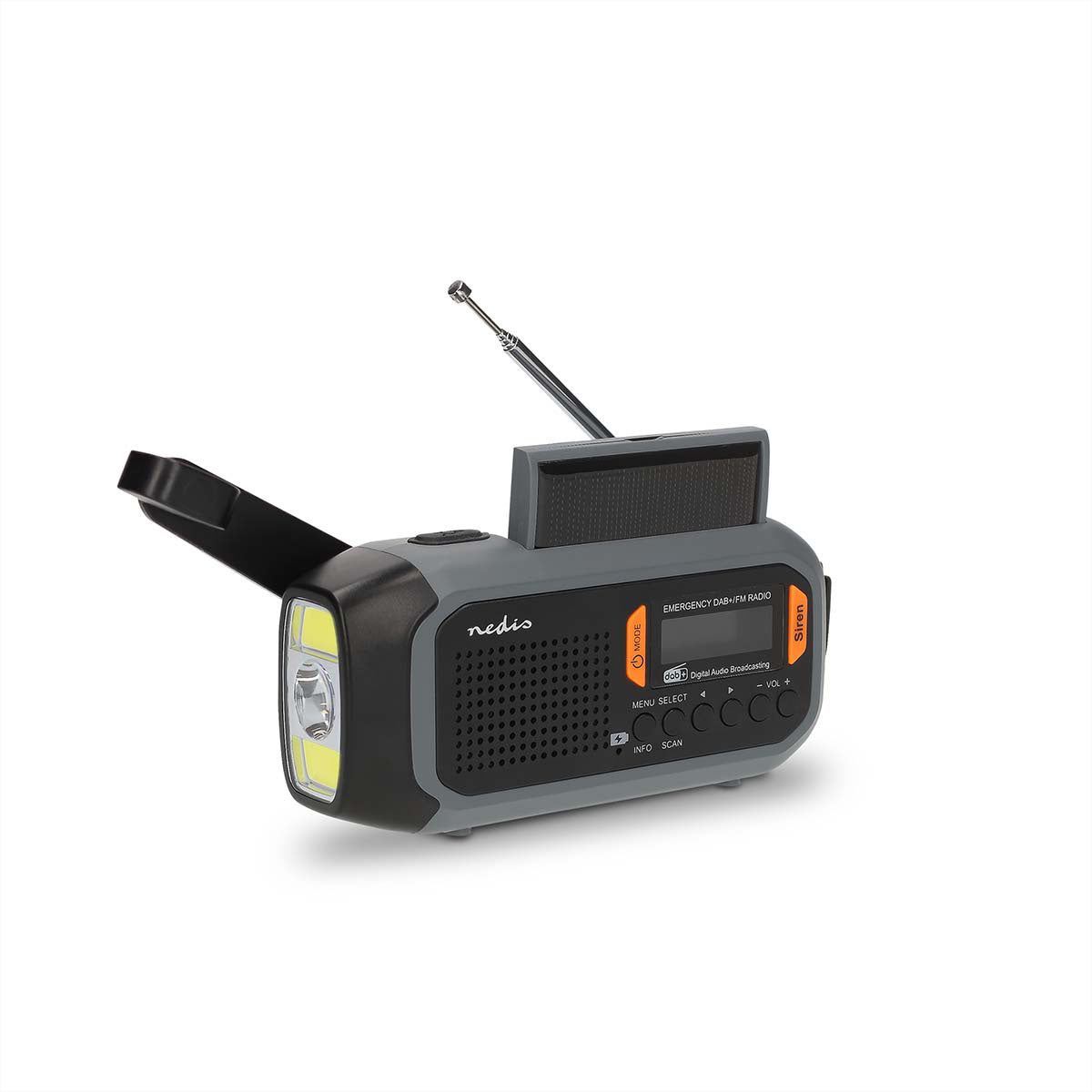 Nedis Tragbares DAB+ Radio, UKW, 2'500 mAh Akku, Handkurbel, Solarpanel, Powerbank – Schwarz/Grau
