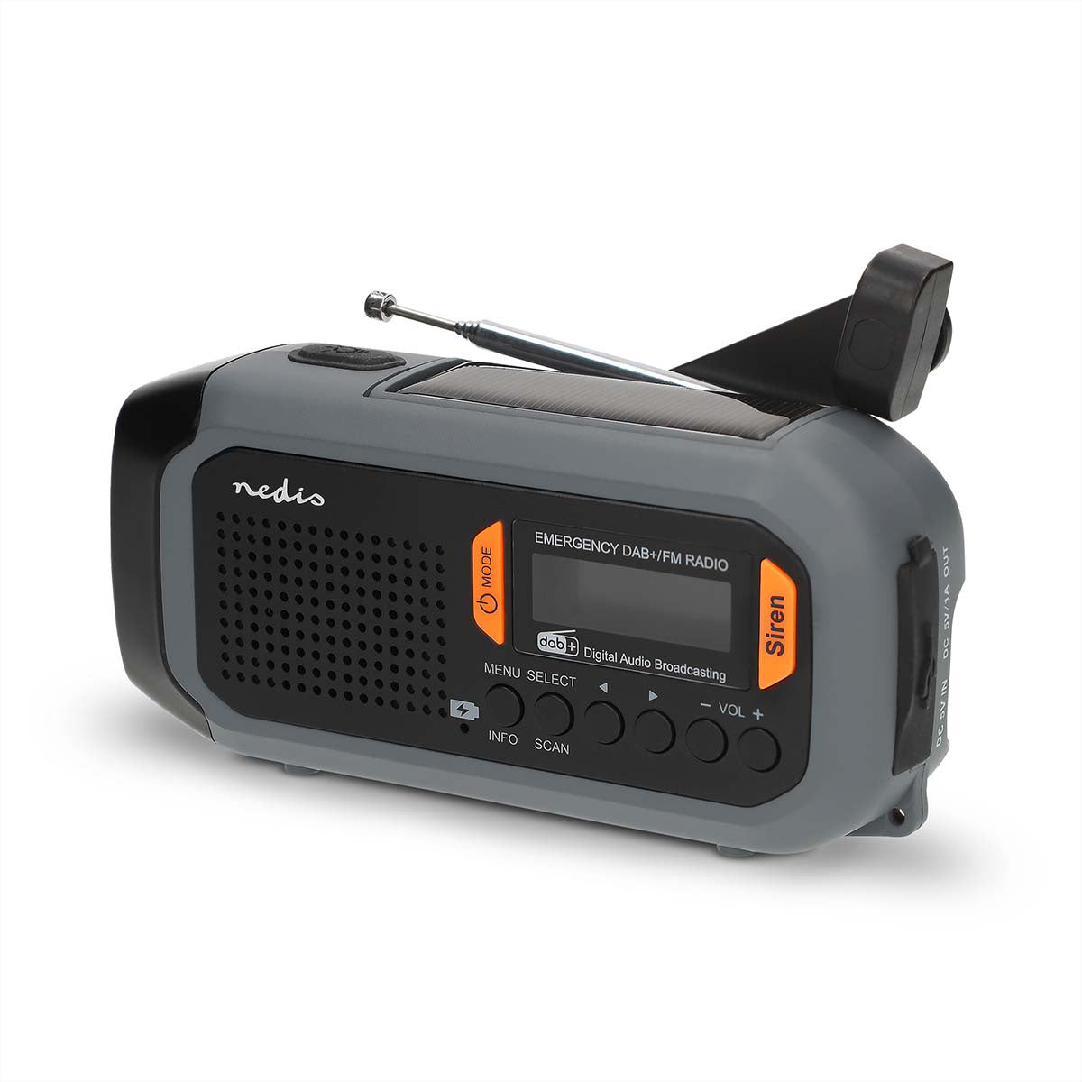 Nedis Tragbares DAB+ Radio, UKW, 2'500 mAh Akku, Handkurbel, Solarpanel, Powerbank – Schwarz/Grau
