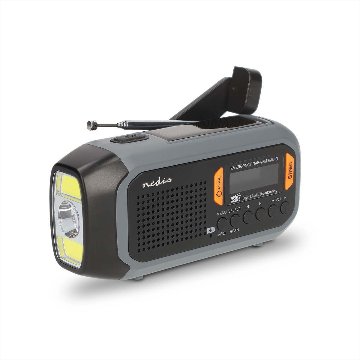 Nedis Tragbares DAB+ Radio, UKW, 2'500 mAh Akku, Handkurbel, Solarpanel, Powerbank – Schwarz/Grau