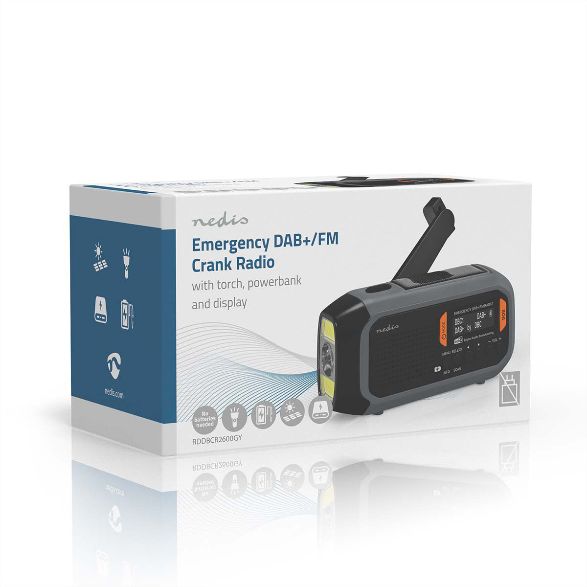 Nedis Tragbares DAB+ Radio, UKW, 2'500 mAh Akku, Handkurbel, Solarpanel, Powerbank – Schwarz/Grau