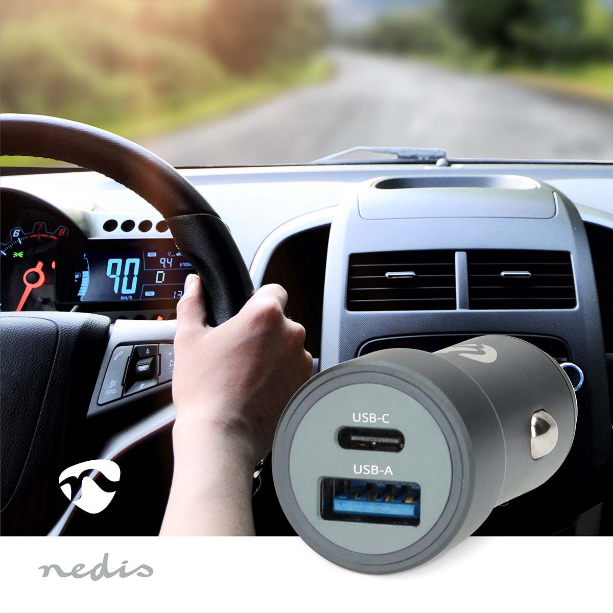 Nedis Auto-Ladegerät 48 W – USB-C×1, USB-A×1, PD 3.0, PPS, QC 3.0 – für 12-/24-V-Fahrzeuge – Grau