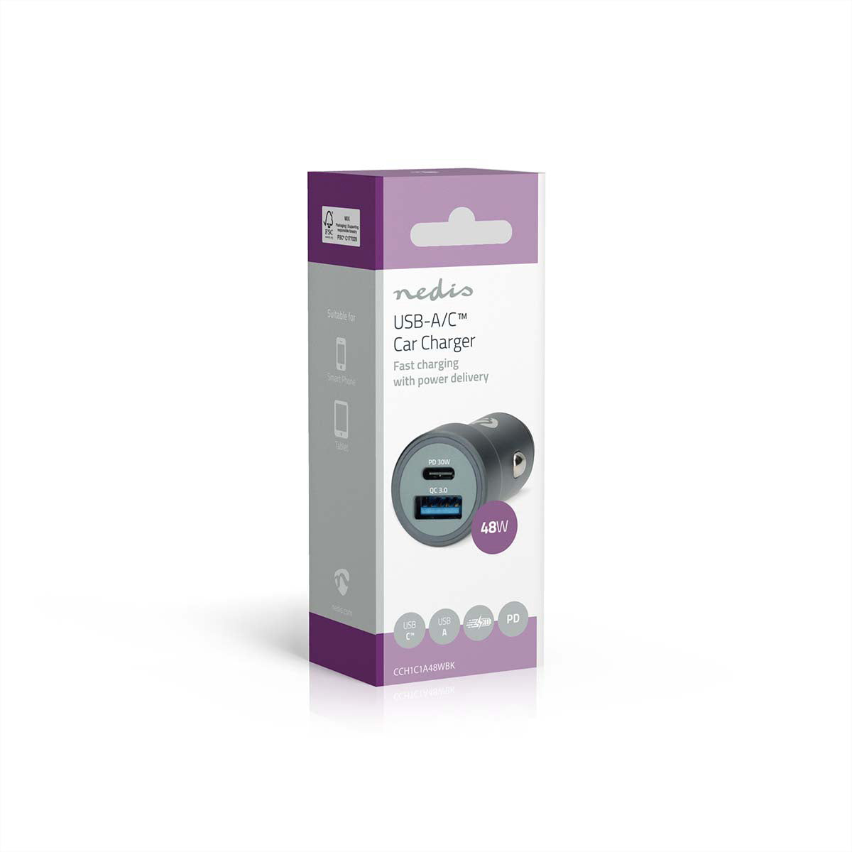 Nedis Auto-Ladegerät 48 W – USB-C×1, USB-A×1, PD 3.0, PPS, QC 3.0 – für 12-/24-V-Fahrzeuge – Grau