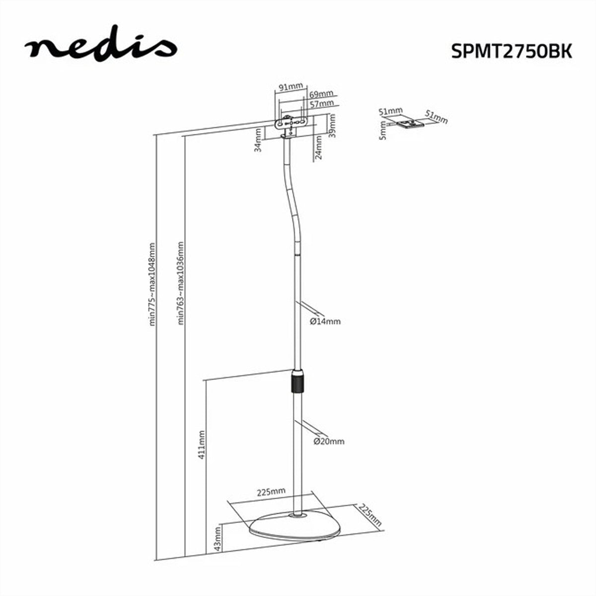 Nedis SPMT2750BK – Lautsprecherständer, 2er-Set, höhenverstellbar, 4,5 kg, für Satelliten-/Regallautsprecher