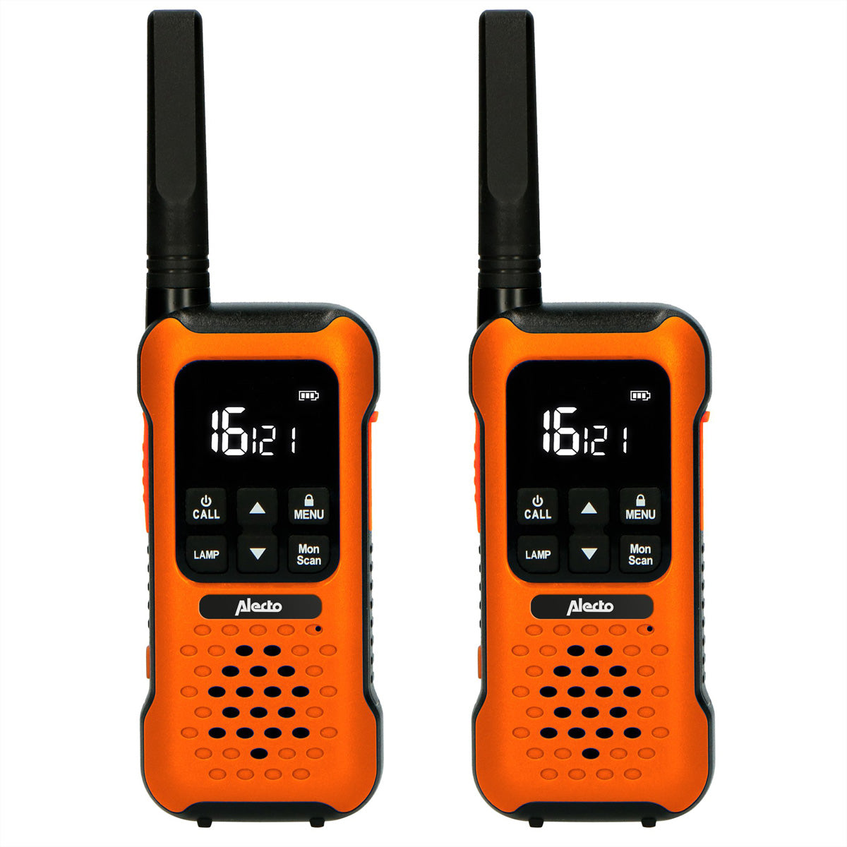 Alecto FR-300OE – Funkgerät (2er-Set), PMR 446 MHz, 16 Kanäle, Reichweite bis 10 km, IPX7, Orange