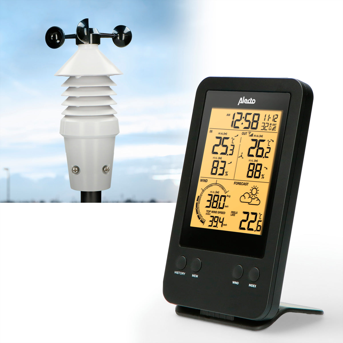 Alecto WS-3400 – Wetterstation, innen/aussen, Hygrometer & Barometer, inkl. Aussensensor – schwarz