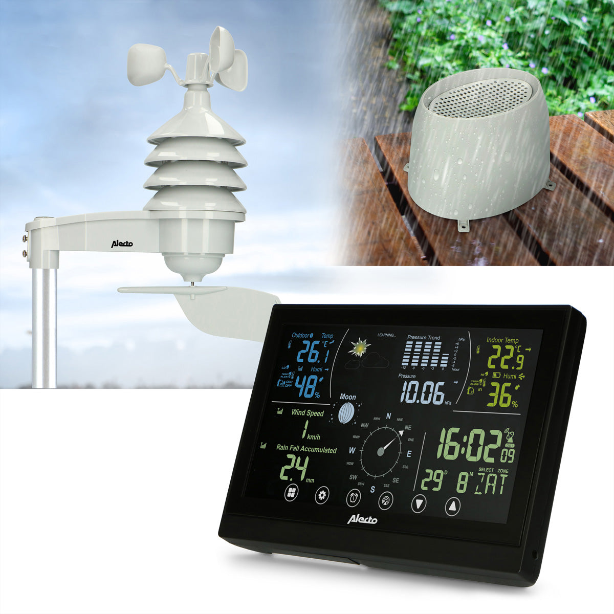 Alecto WS3875 – Wetterstation, Funk (433 MHz), innen/außen, Wind & Niederschlag – schwarz