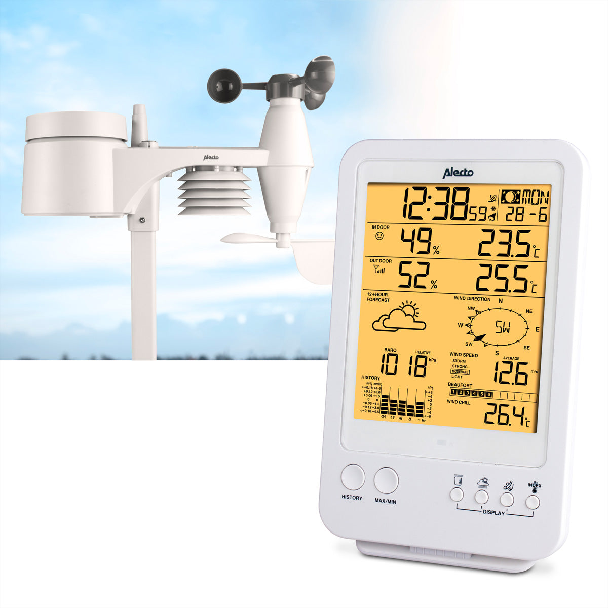 Alecto WS-4800 – Wetterstation, Funk 868 MHz, innen/außen, Hygrometer & Barometer, inkl. Aussensensor – weiss