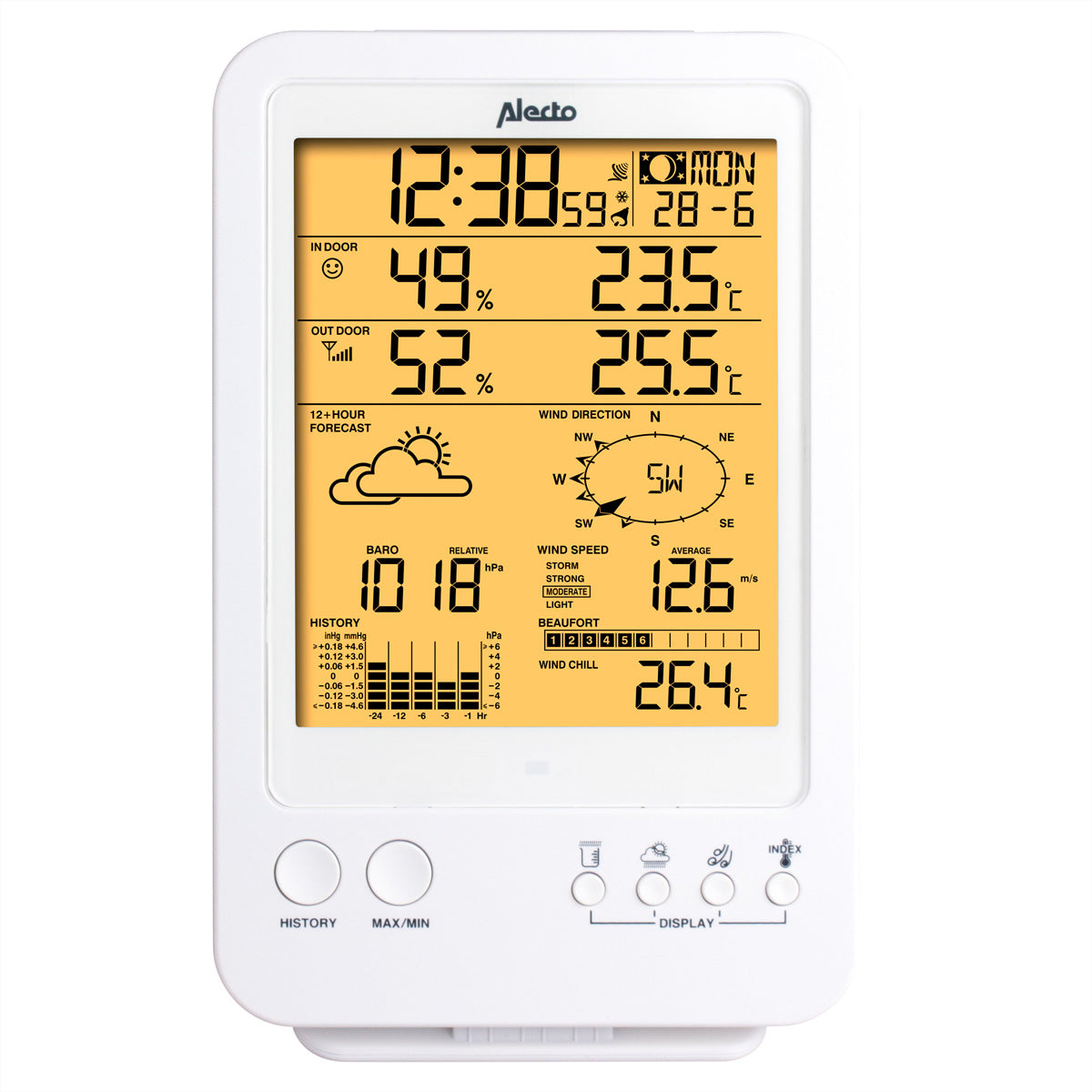 Alecto WS-4800 – Wetterstation, Funk 868 MHz, innen/außen, Hygrometer & Barometer, inkl. Aussensensor – weiss