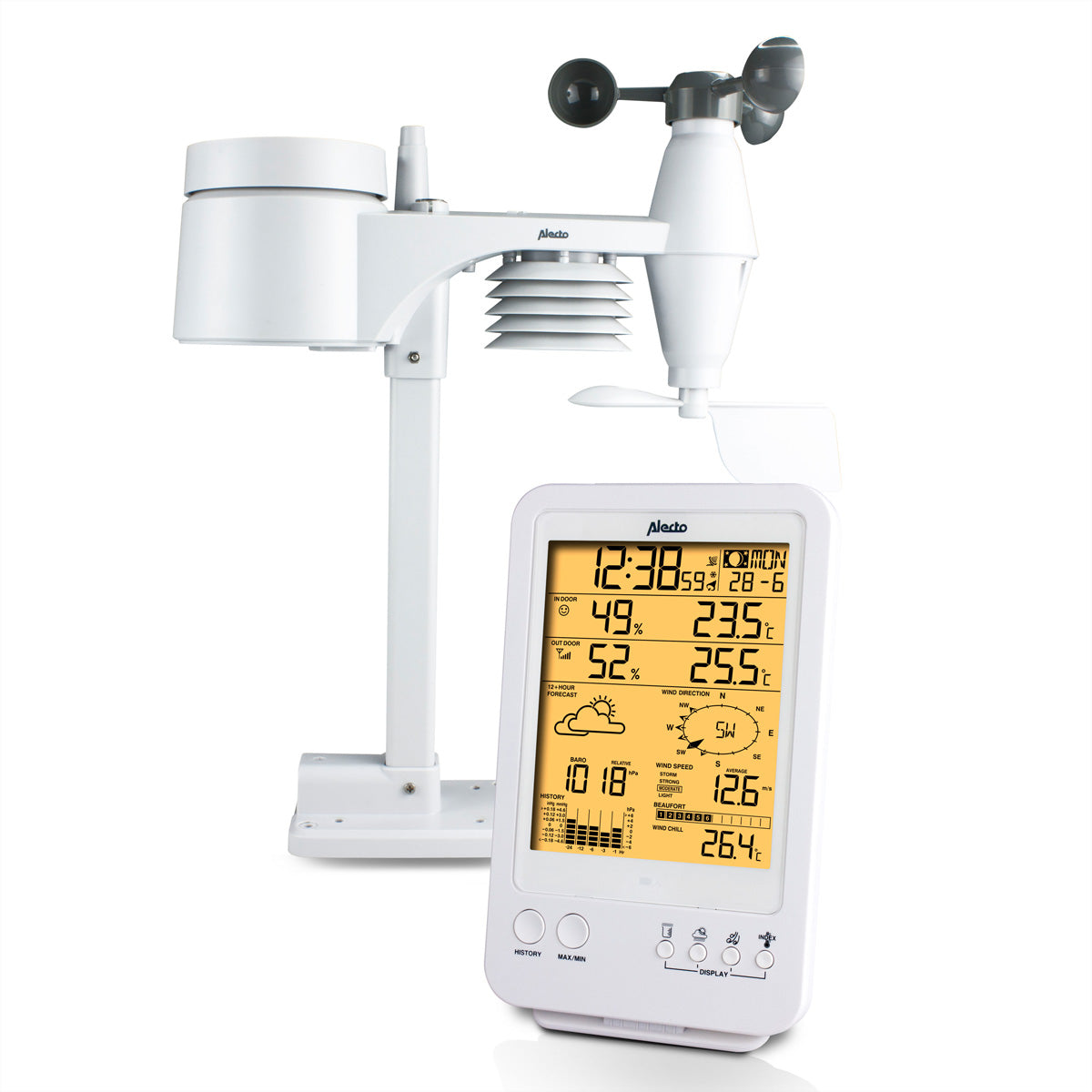 Alecto WS-4800 – Wetterstation, Funk 868 MHz, innen/außen, Hygrometer & Barometer, inkl. Aussensensor – weiss