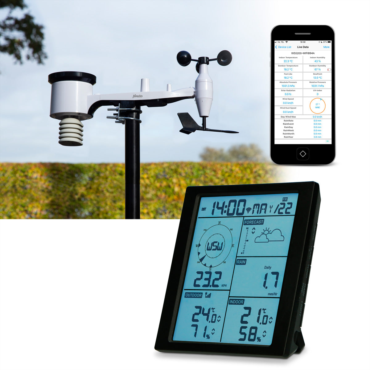Alecto WS5200 – Wetterstation, WLAN (App), 6-in-1, inkl. Aussensensor