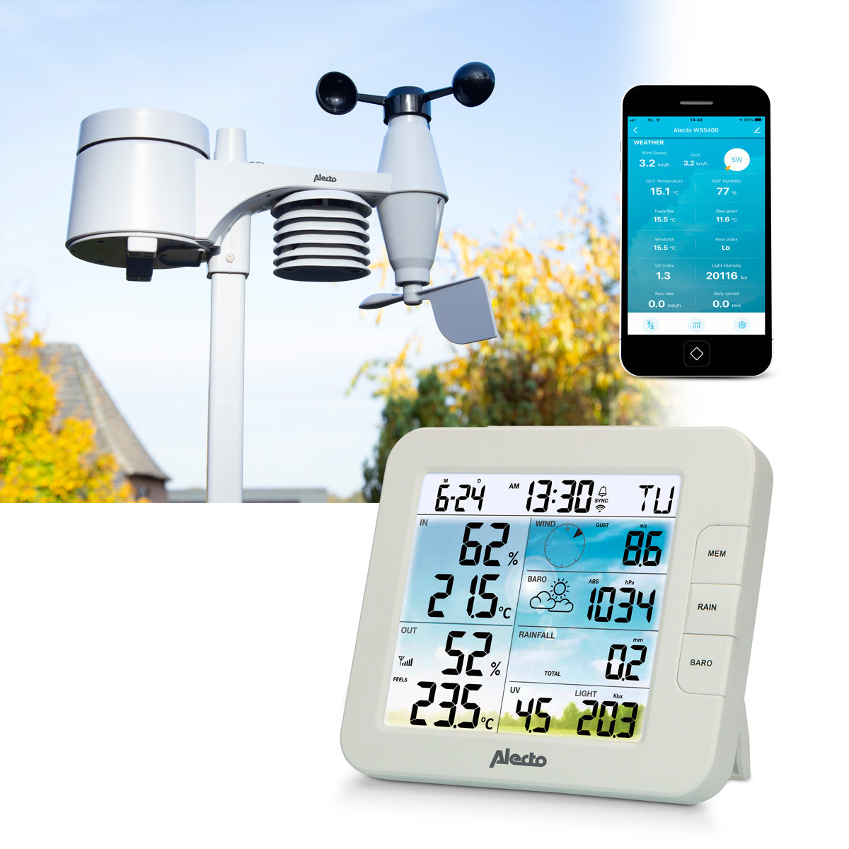 Alecto WS5400 – Wetterstation, WLAN & App, innen/aussen, 8-in-1 – weiss
