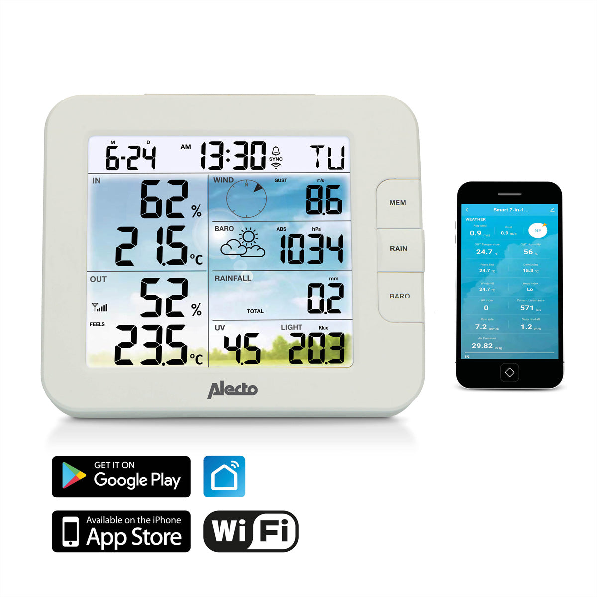 Alecto WS5400 – Wetterstation, WLAN & App, innen/aussen, 8-in-1 – weiss