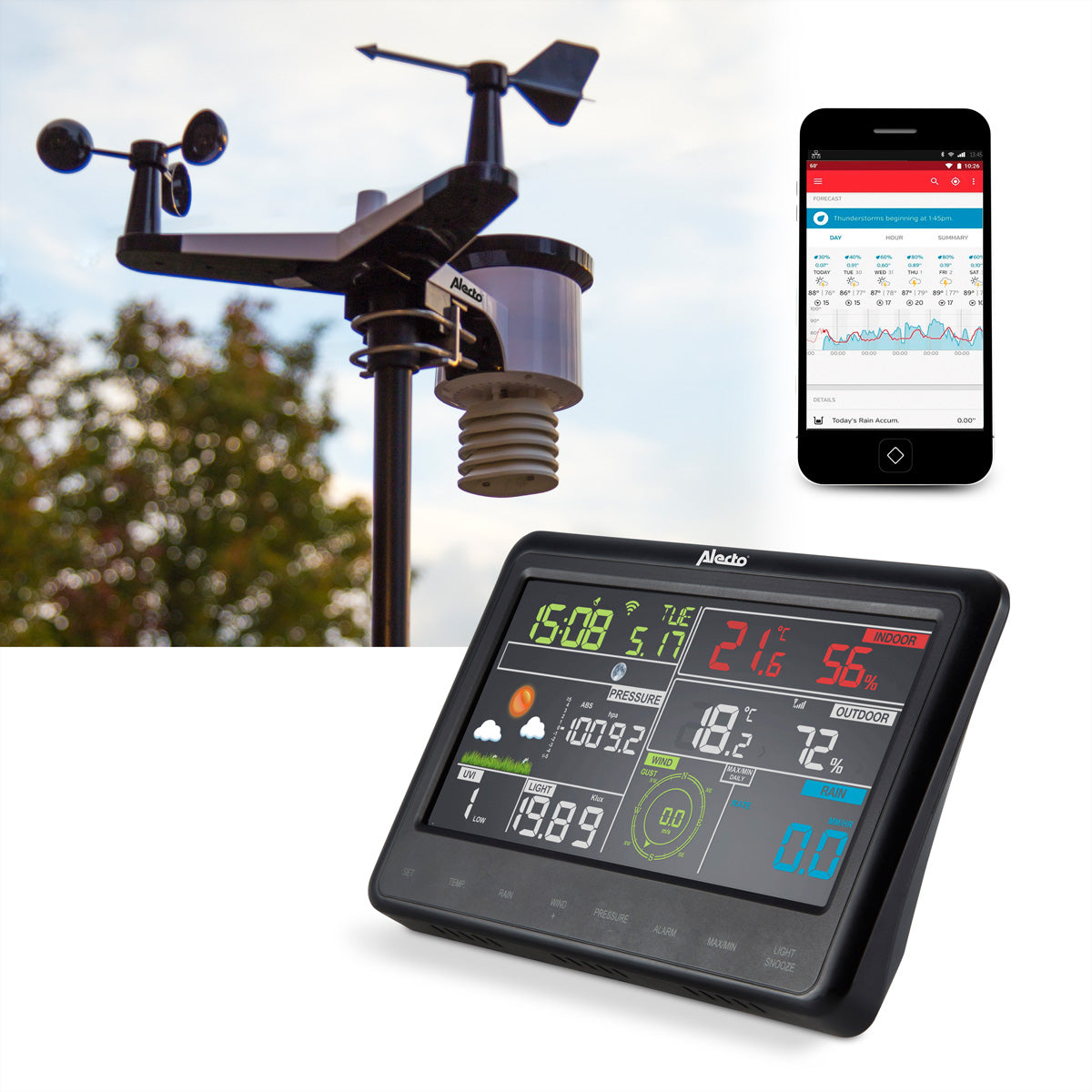 Alecto WS-5500 – Wetterstation, WLAN, innen/außen, Hygrometer & Barometer, inkl. Aussensensor – schwarz