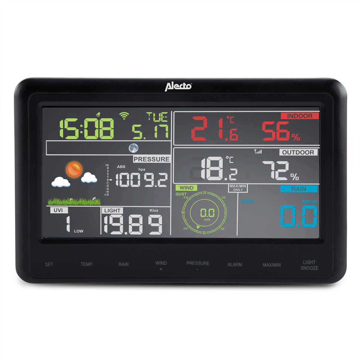 Alecto WS-5500 – Wetterstation, WLAN, innen/außen, Hygrometer & Barometer, inkl. Aussensensor – schwarz