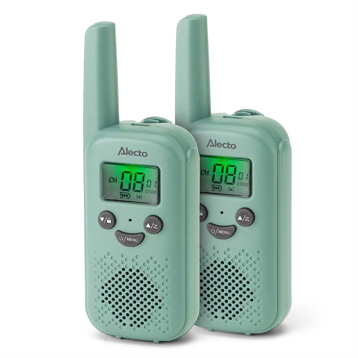 Alecto FR10GR – Funkgerät (2er-Set), 8 Kanäle, Reichweite bis 6 km, USB-C, Mintgrün
