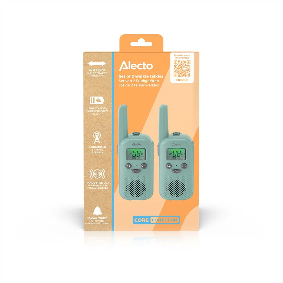 Alecto FR10GR – Funkgerät (2er-Set), 8 Kanäle, Reichweite bis 6 km, USB-C, Mintgrün