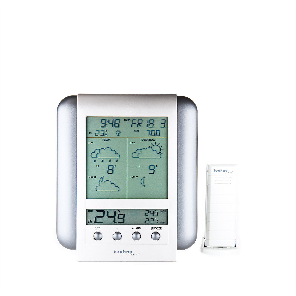 Technoline WM5412 – Wetterstation, Innen/Aussen, DCF-Funkuhr, Display – Silber