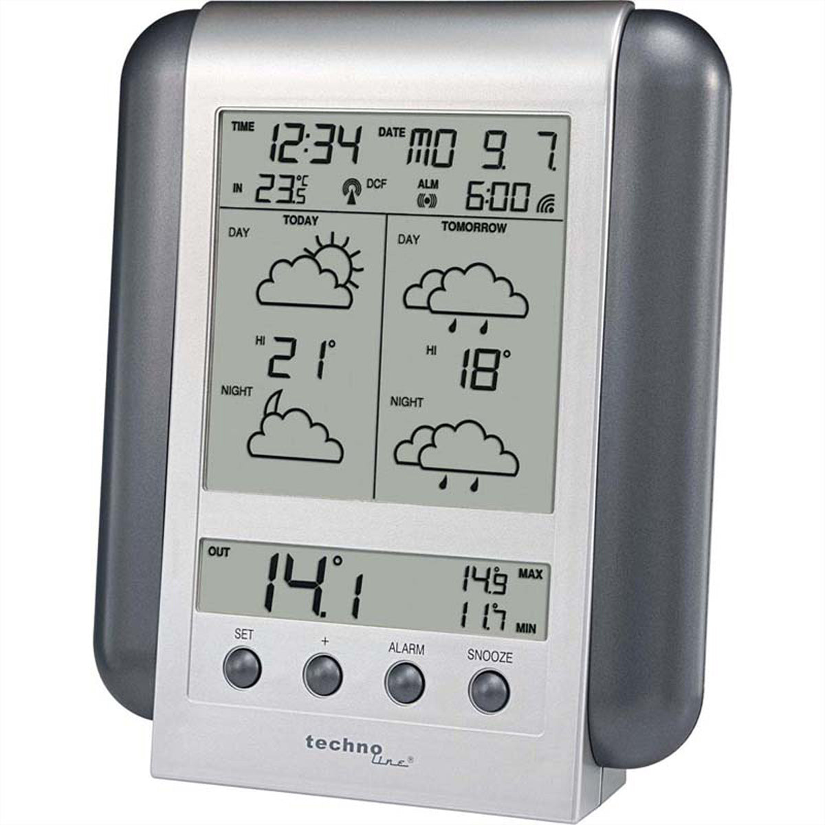 Technoline WM5412 – Wetterstation, Innen/Aussen, DCF-Funkuhr, Display – Silber