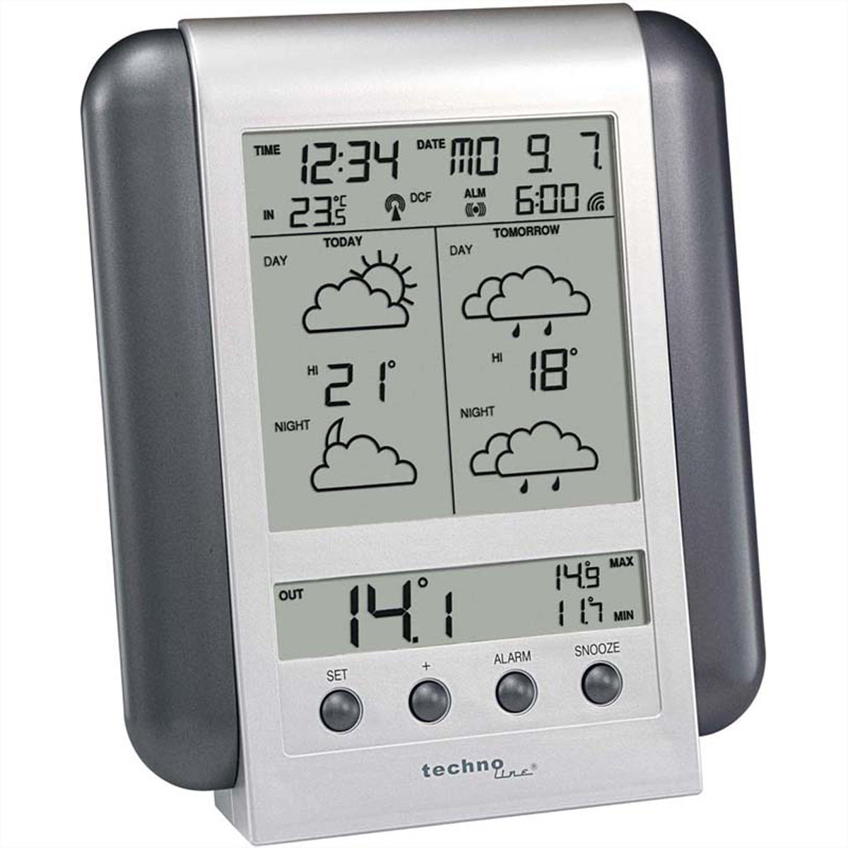 Technoline WM5412 – Wetterstation, Innen/Aussen, DCF-Funkuhr, Display – Silber