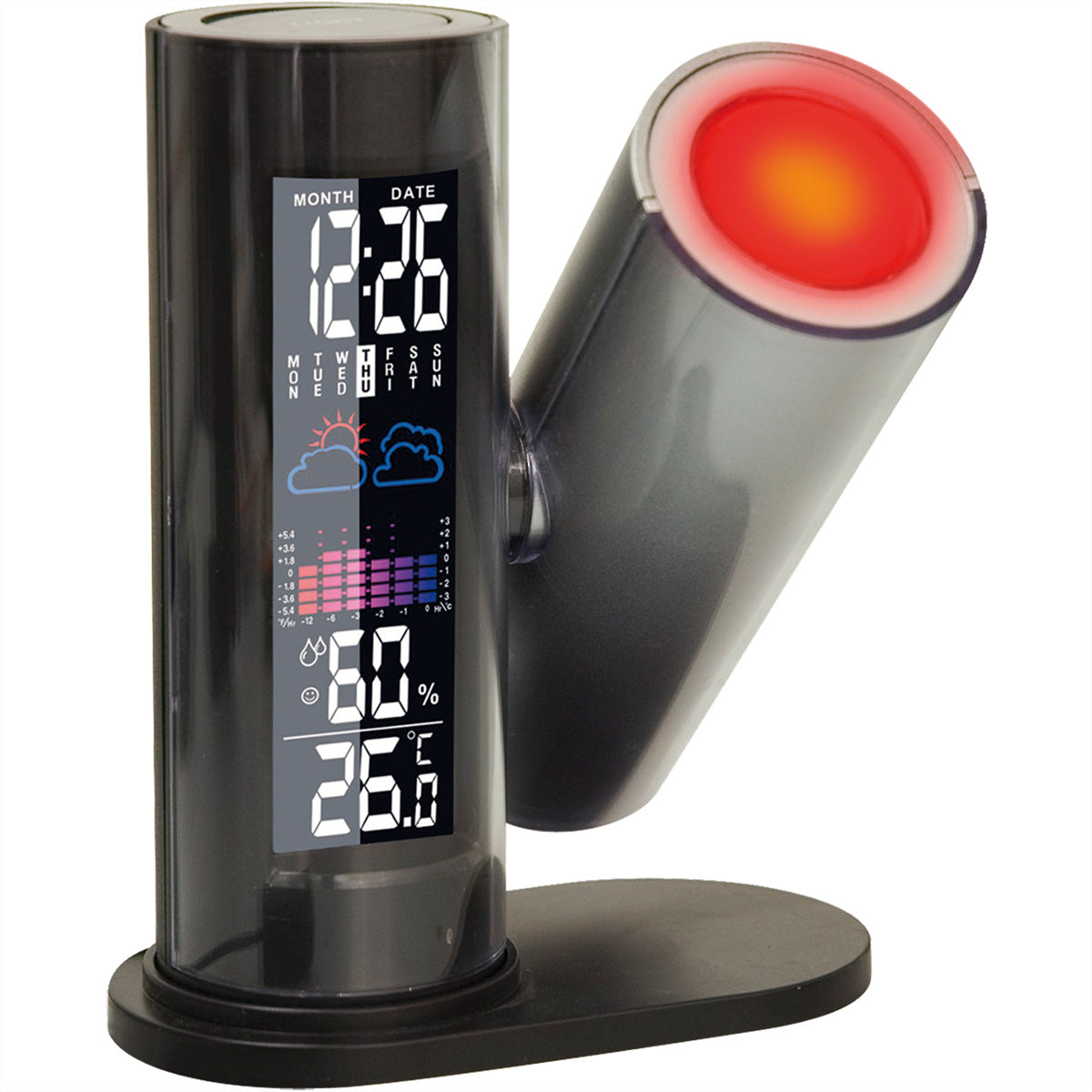 Technoline Projektionswecker – Digital, Thermometer, Hygrometer, Schlummerfunktion, 7 × 10,1 × 7 cm, Schwarz