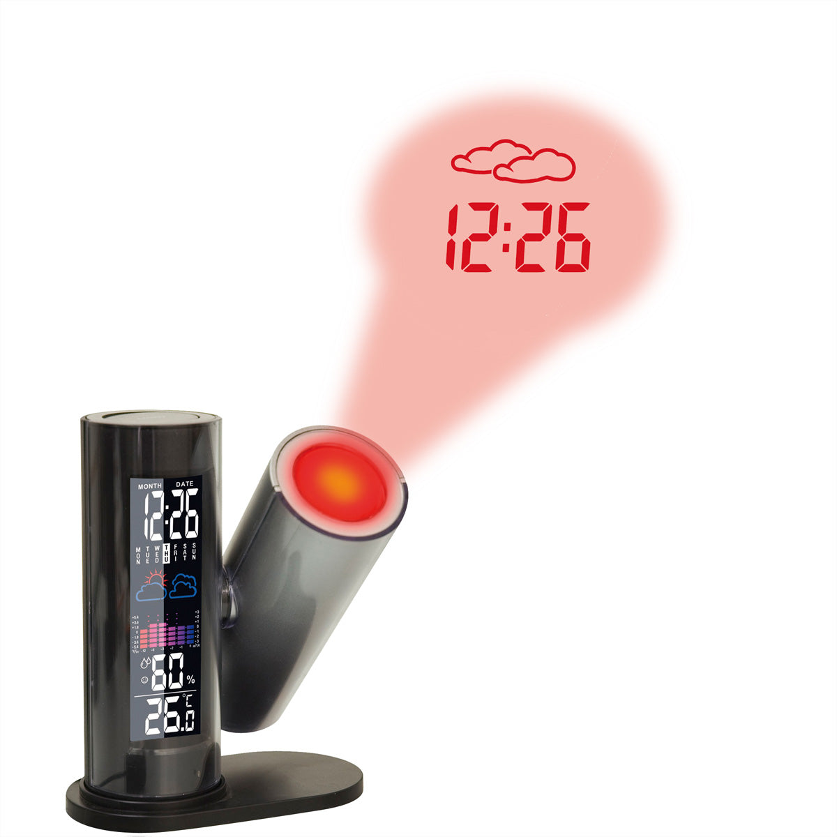 Technoline Projektionswecker – Digital, Thermometer, Hygrometer, Schlummerfunktion, 7 × 10,1 × 7 cm, Schwarz
