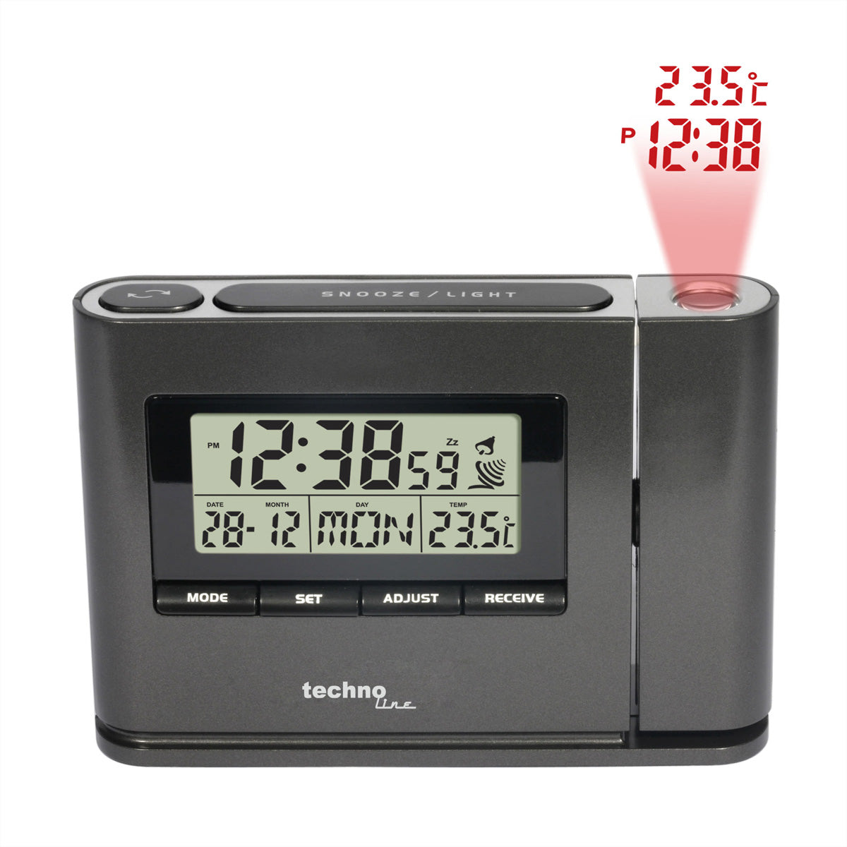 Technoline WT519 Projektionswecker – Funk, Thermometer, 12,9 × 9,2 × 3,4 cm, Schwarz