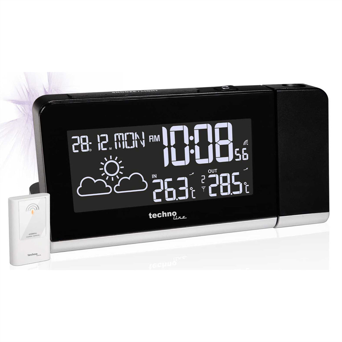 Technoline Projektionswecker – Funk, Thermometer, 16 × 7,2 × 4,8 cm, Schwarz