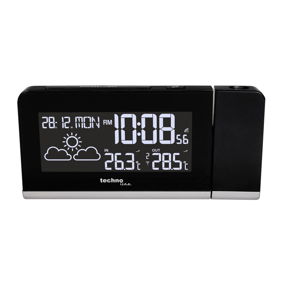 Technoline Projektionswecker – Funk, Thermometer, 16 × 7,2 × 4,8 cm, Schwarz