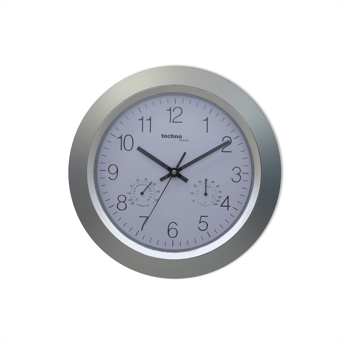 Technoline Wanduhr – Funk, analog, Thermometer/Hygrometer, Ø 33,5 cm, Silber