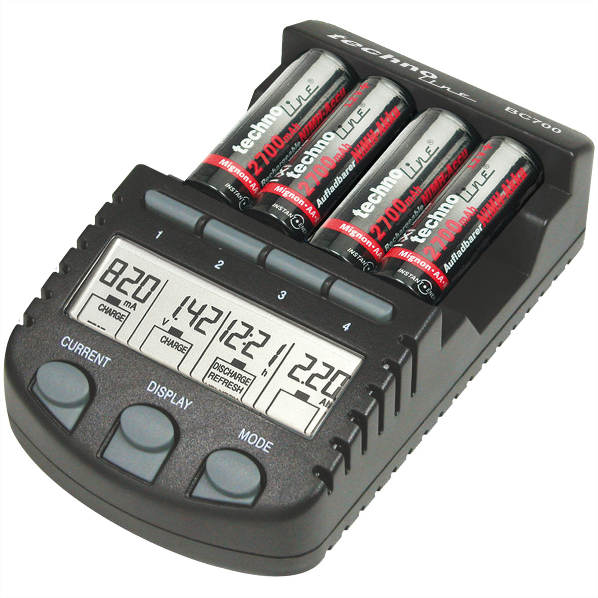 Technoline BC700 Batterieladegerät 2× – für AA, AAA (NiMH/NiCd) – 200/500/700 mA, LCD – schwarz