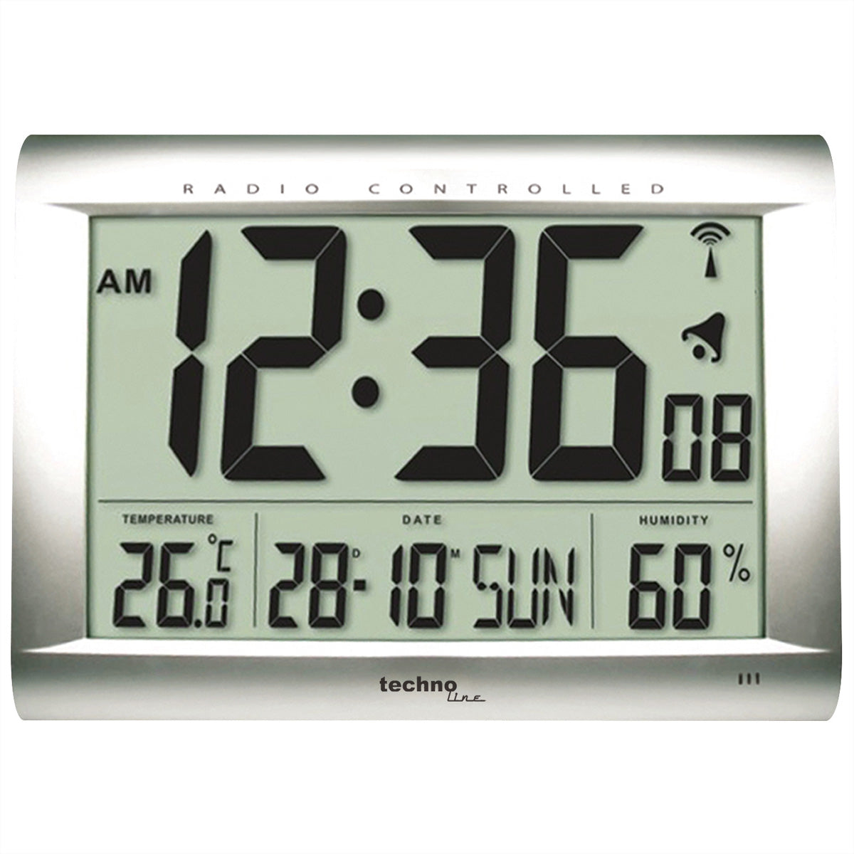 Technoline Digitalwecker – Funk, Schlummerfunktion, Thermometer/Hygrometer, 41 × 27 × 4,3 cm, Silber