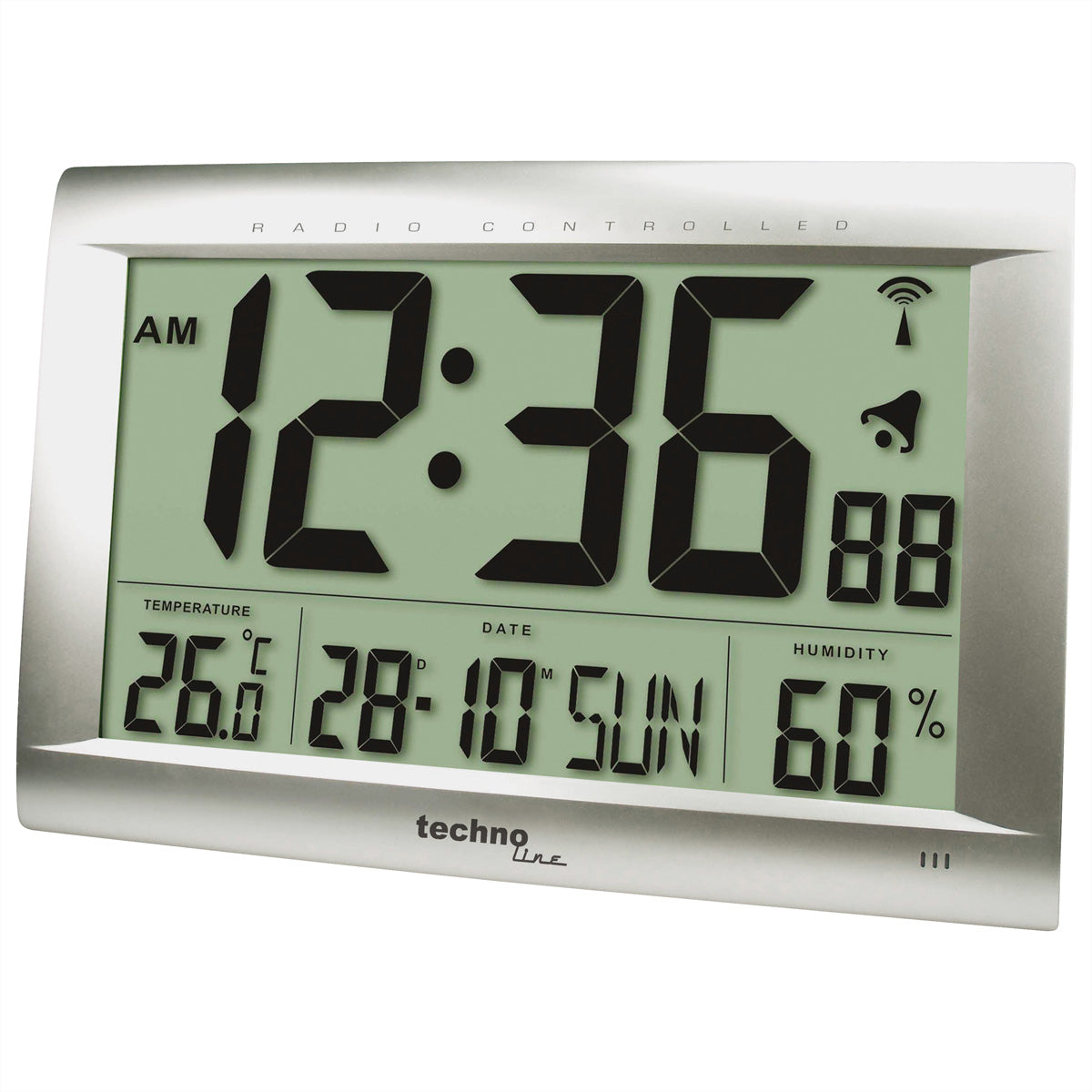 Technoline Digitalwecker – Funk, Schlummerfunktion, Thermometer/Hygrometer, 41 × 27 × 4,3 cm, Silber