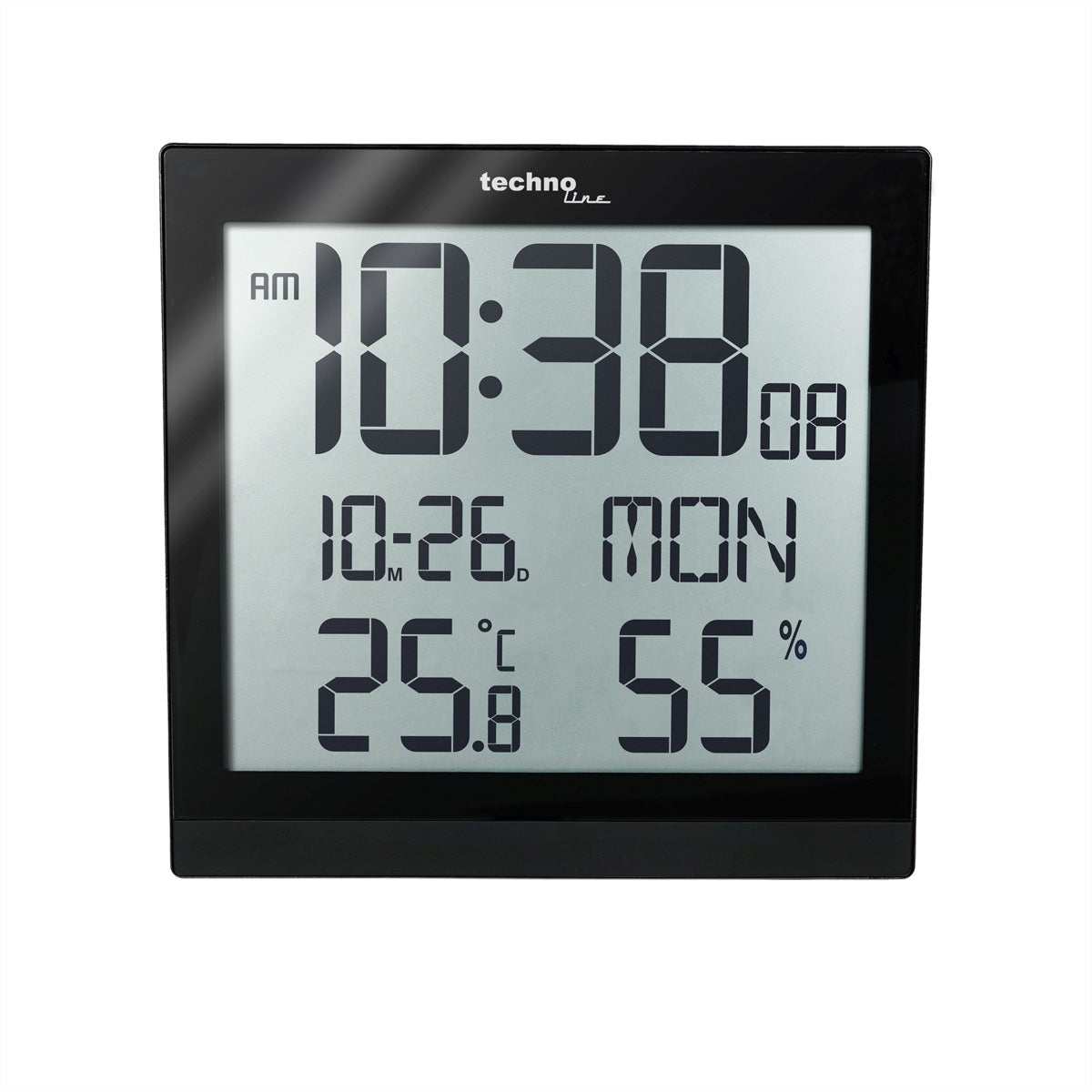 Technoline Digitalwecker – Funk, Schlummerfunktion, Thermometer, Hygrometer, 22,4 × 22,4 × 2,3 cm, Schwarz