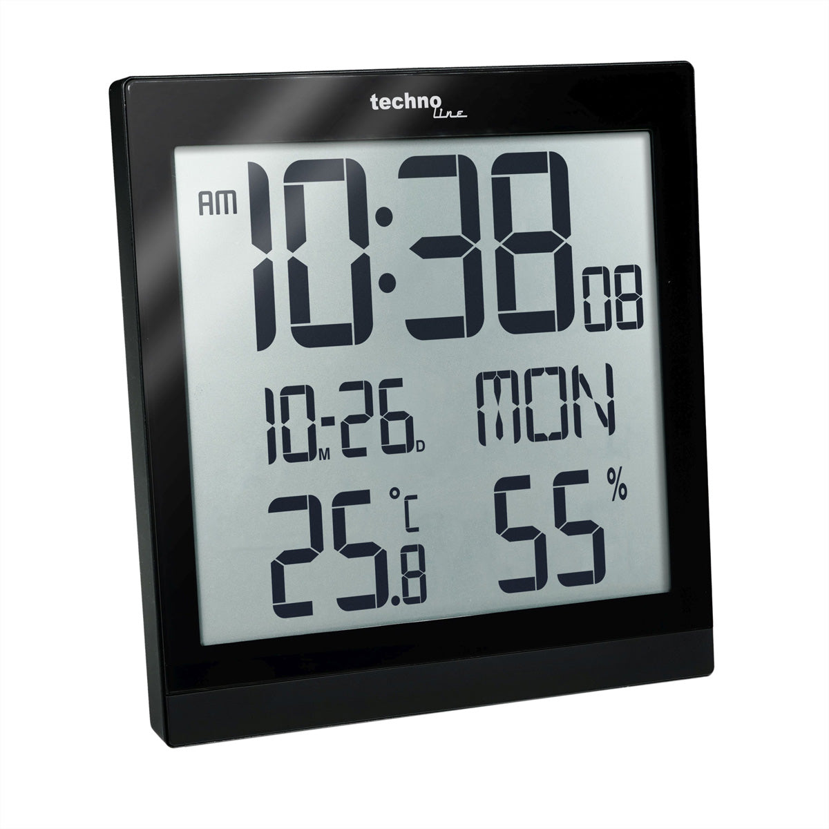 Technoline Digitalwecker – Funk, Schlummerfunktion, Thermometer, Hygrometer, 22,4 × 22,4 × 2,3 cm, Schwarz
