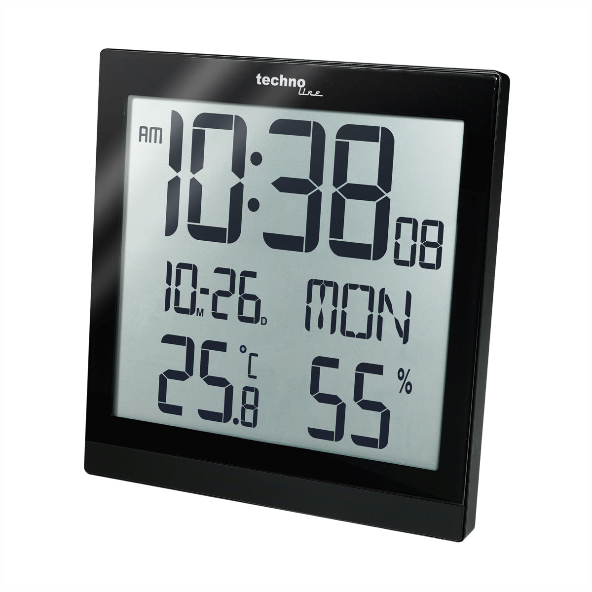 Technoline Digitalwecker – Funk, Schlummerfunktion, Thermometer, Hygrometer, 22,4 × 22,4 × 2,3 cm, Schwarz