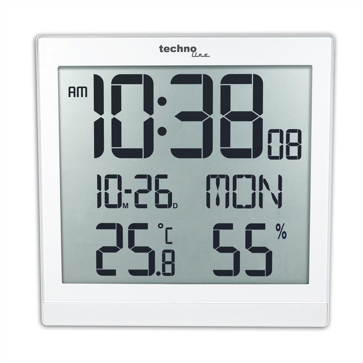 Technoline Digitalwecker – Funk, Snooze, Thermometer/Hygrometer, 22,4 × 22,4 × 2,3 cm, Weiss