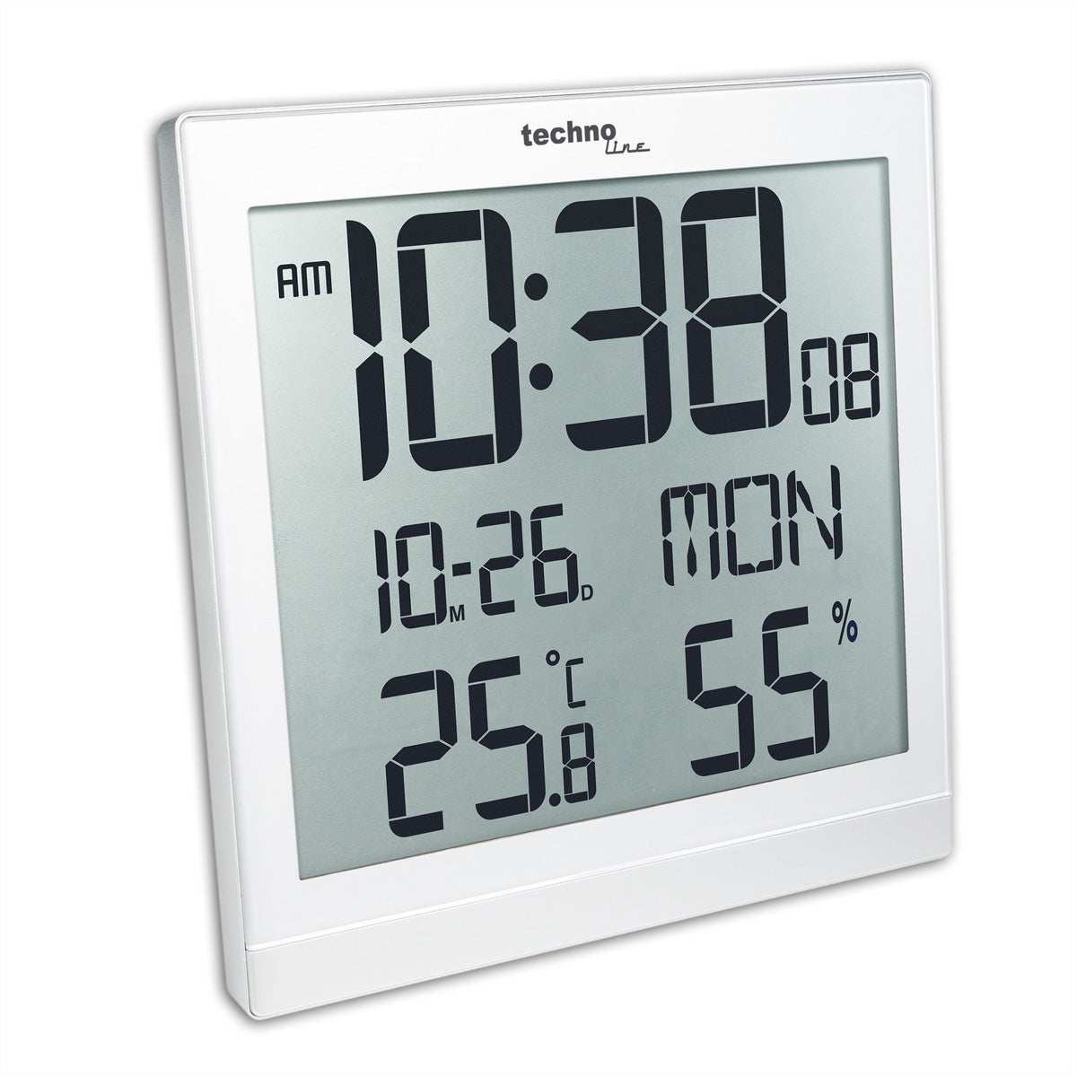 Technoline Digitalwecker – Funk, Snooze, Thermometer/Hygrometer, 22,4 × 22,4 × 2,3 cm, Weiss