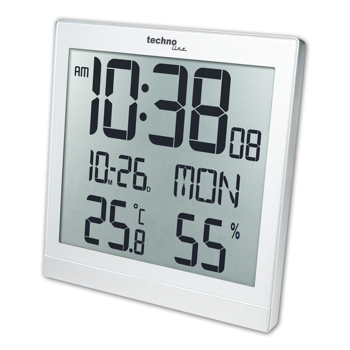 Technoline Digitalwecker – Funk, Snooze, Thermometer/Hygrometer, 22,4 × 22,4 × 2,3 cm, Weiss
