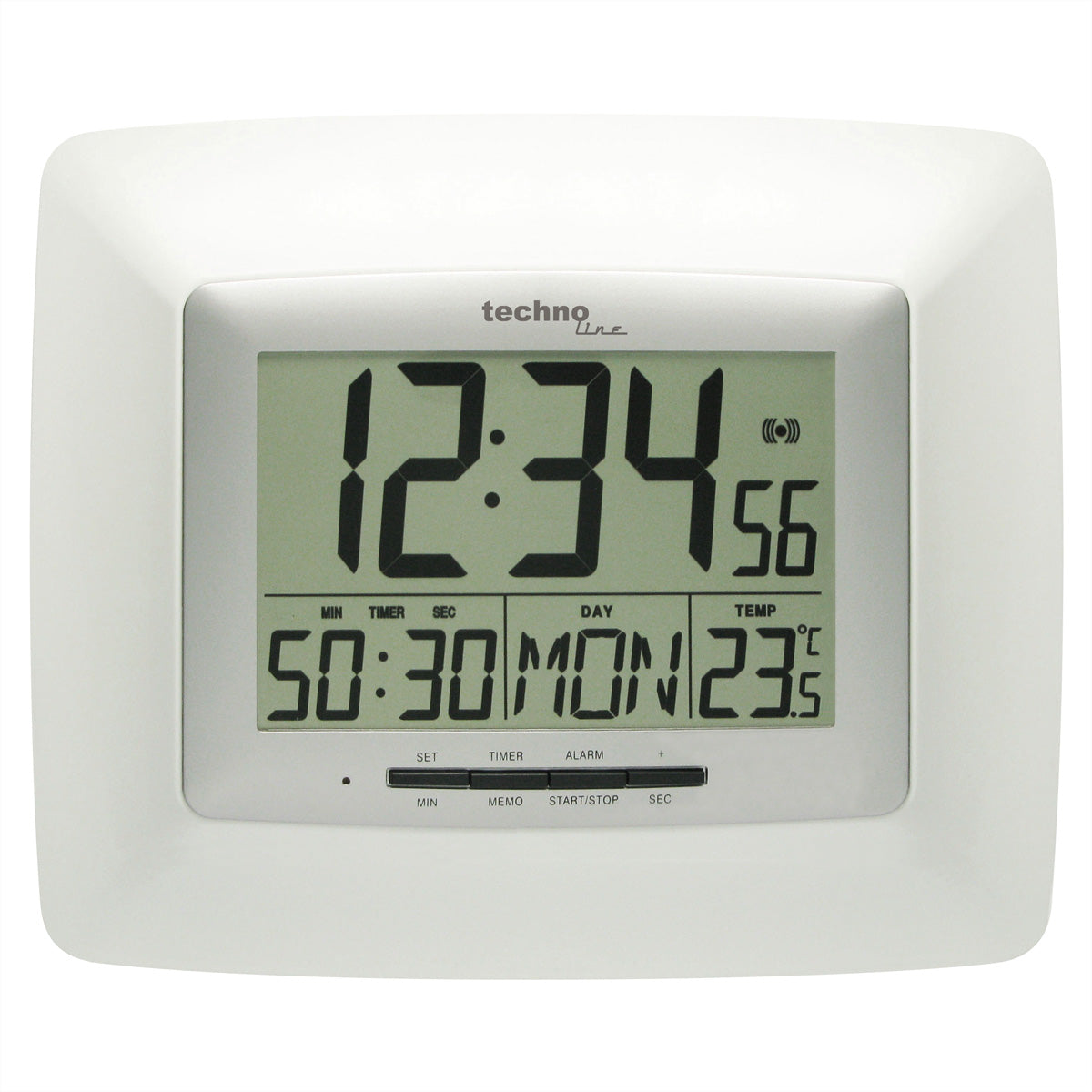 Technoline Digitalwecker – Funk, Schlummerfunktion, Thermometer, 23,5 × 19,5 × 2,7 cm, Silber/Weiss