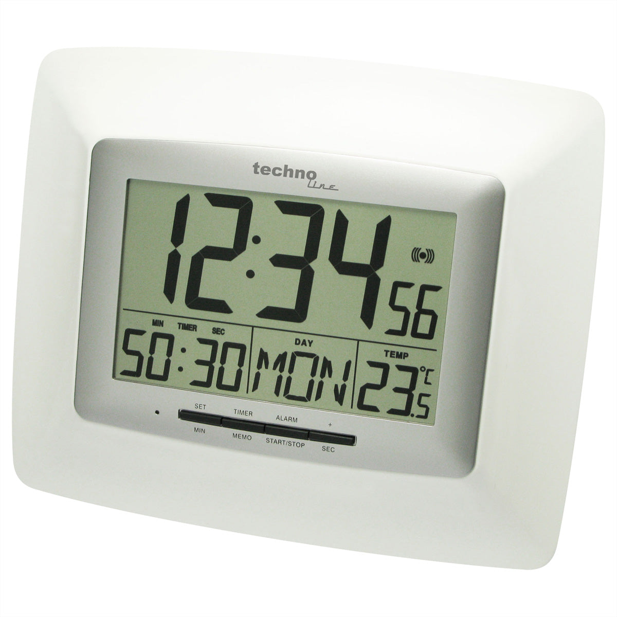 Technoline Digitalwecker – Funk, Schlummerfunktion, Thermometer, 23,5 × 19,5 × 2,7 cm, Silber/Weiss