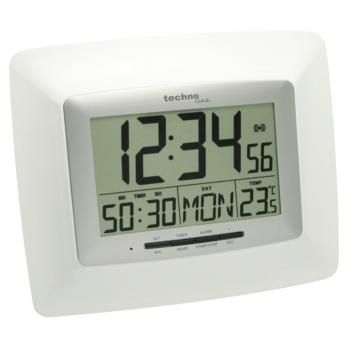 Technoline Digitalwecker – Funk, Schlummerfunktion, Thermometer, 23,5 × 19,5 × 2,7 cm, Silber/Weiss
