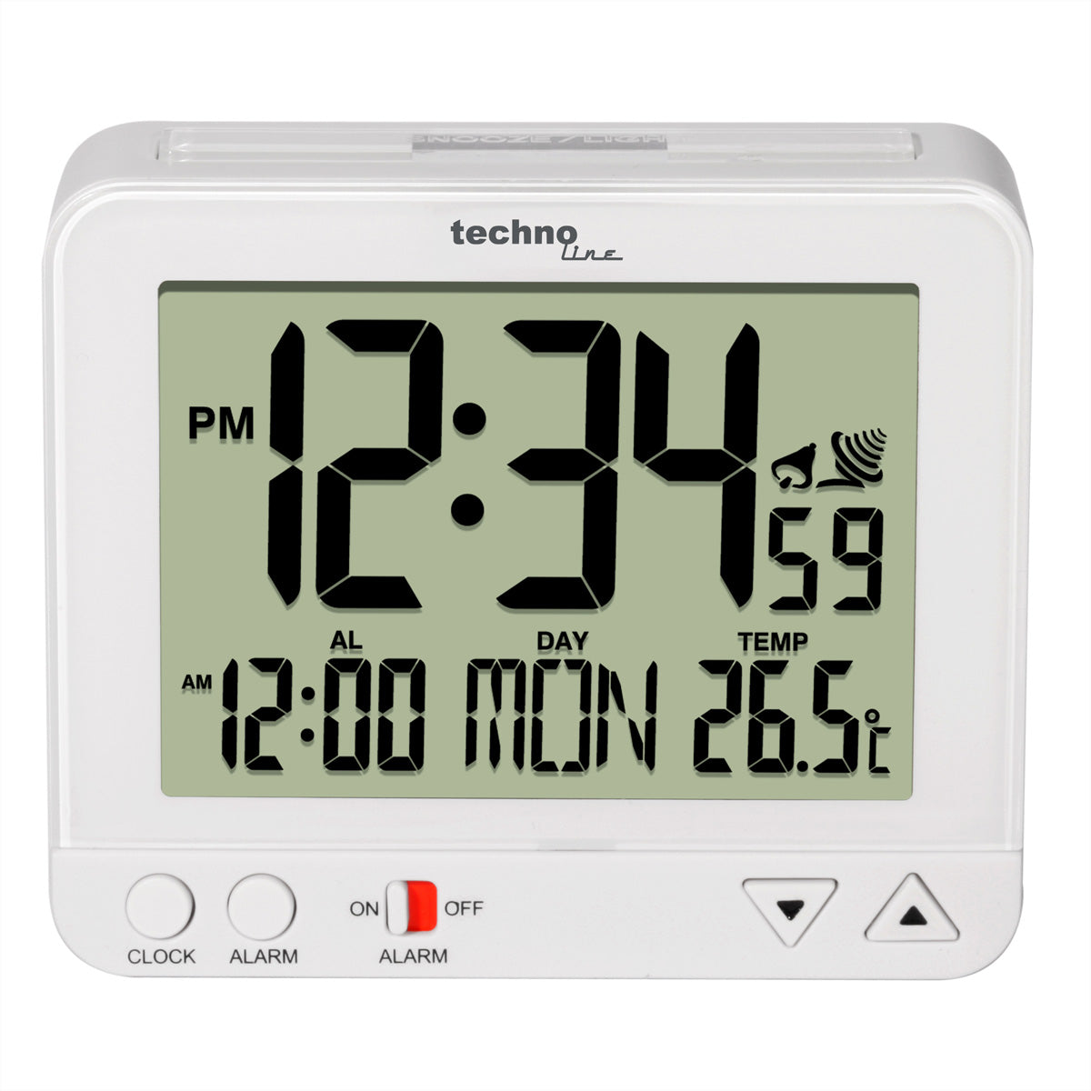 Technoline WT195 Digitalwecker – Funk, Schlummerfunktion, Thermometer, Nachtlicht, 9,6 × 8,0 × 3,2 cm, Weiss