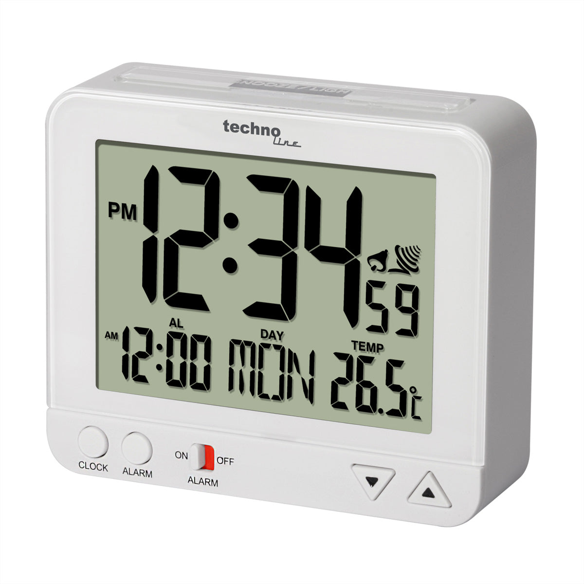 Technoline WT195 Digitalwecker – Funk, Schlummerfunktion, Thermometer, Nachtlicht, 9,6 × 8,0 × 3,2 cm, Weiss
