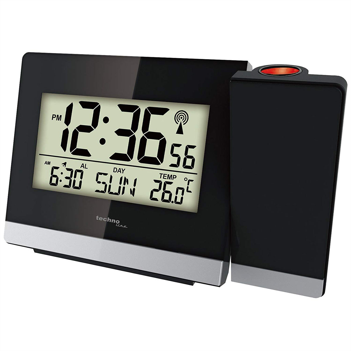Technoline Projektionswecker – Funk, Thermometer, 14,7 × 9,2 × 4,2 cm, Schwarz